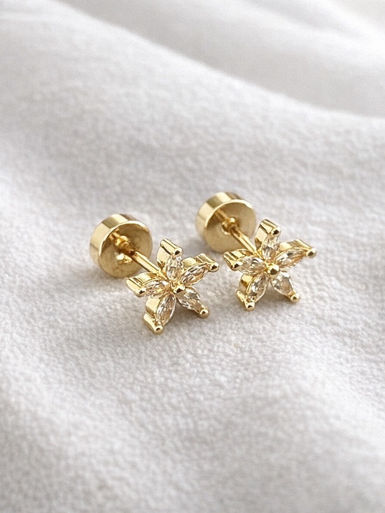Jewelry - 14k Gold plated stainless steel cubic zirconia flower screw back earrings